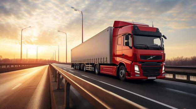 a-cargo-truck-with-a-container-is-seen-driving-across-a-bridge-while-a-semi-truck-with-a-cargo-trailer-follows-closely-behind-photo